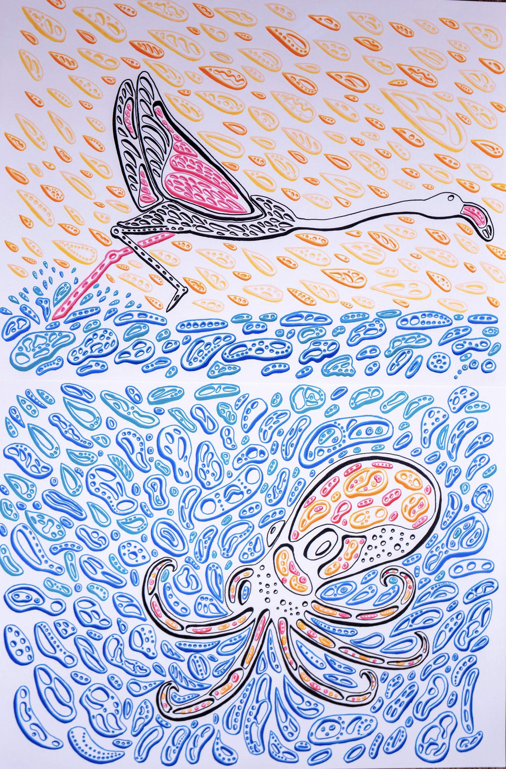 “The Octopus” and “The Flamingo” Original Art by NJ Hatherly NJ Hatherly Art